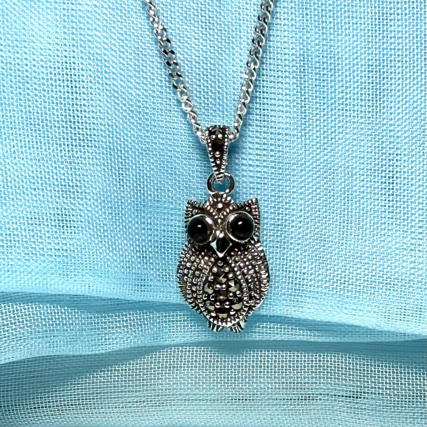 Small owl shaped necklace with real black agate and real marcasite sparking pendant with chain
