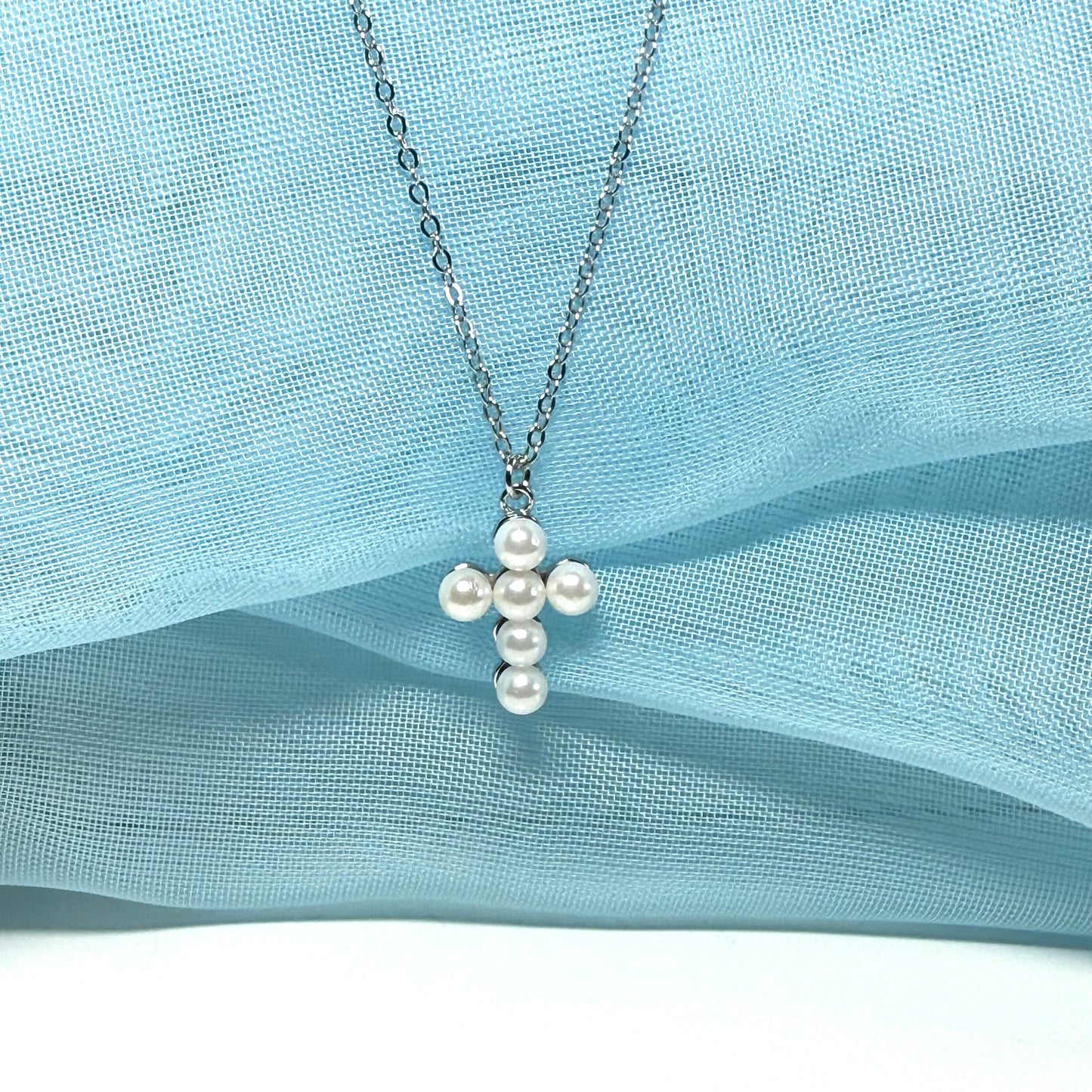 Small petite real freshwater pearl cross sterling silver including chain