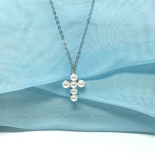 Small petite real freshwater pearl cross sterling silver including chain