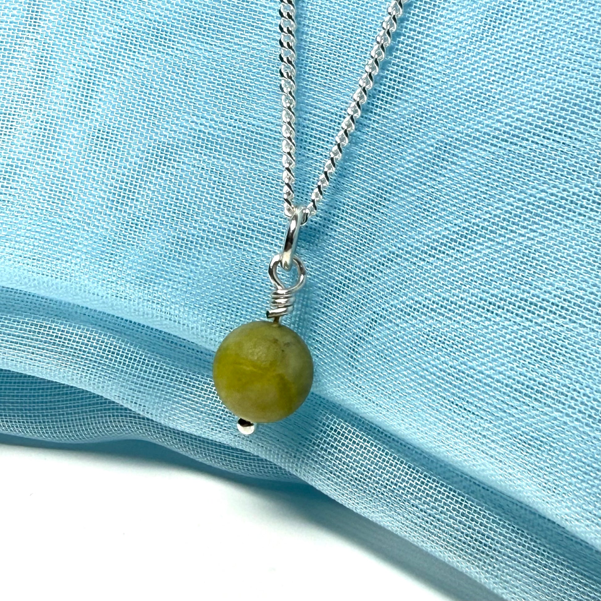 Small round real green gypsum necklace ball shaped pendant with chain 8.5 mm diameter