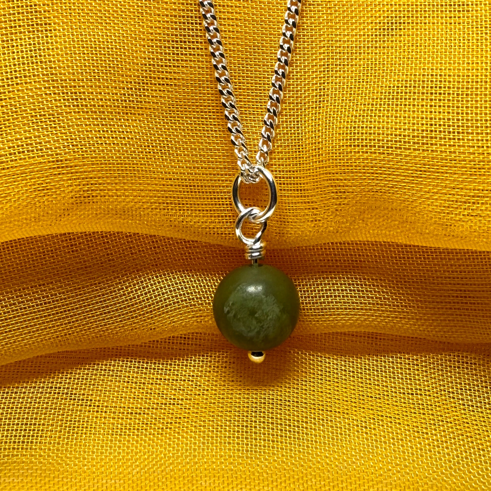 Small round real green gypsum necklace ball shape pendant with chain 8.5 mm diameter