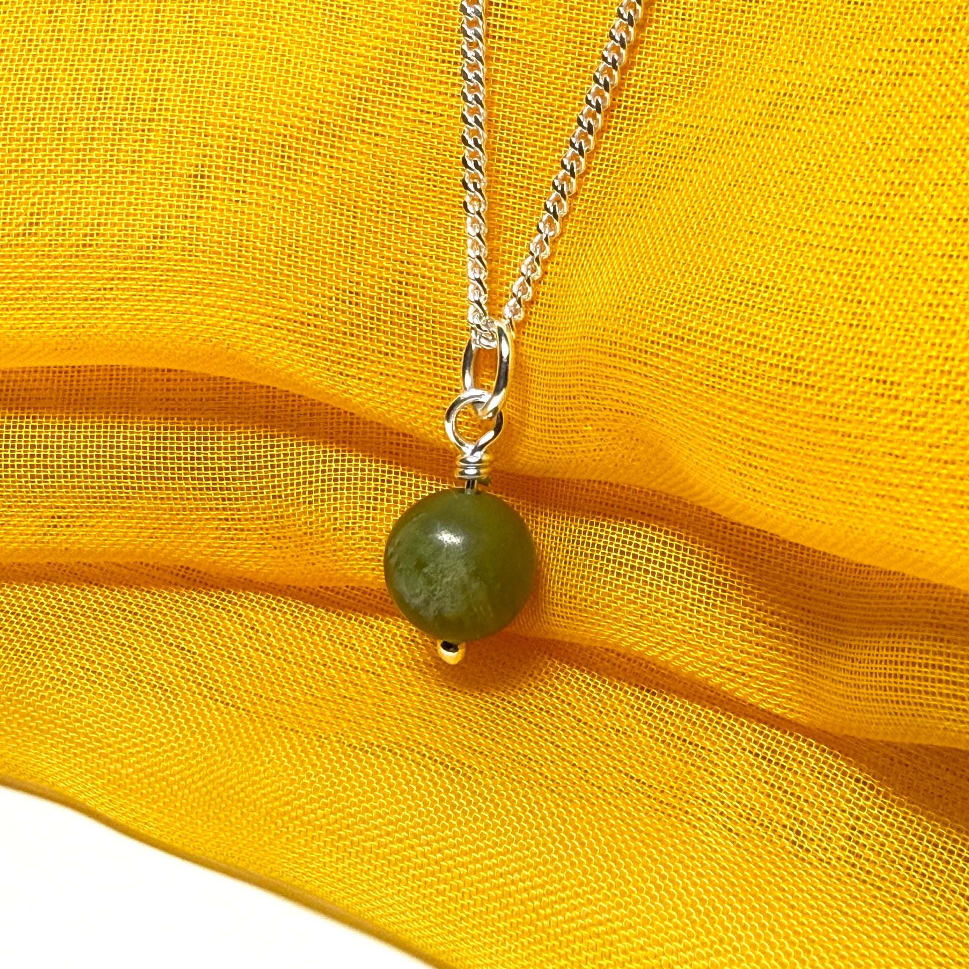 Small round real green gypsum necklace ball shape pendant with chain 8.5 mm diameter