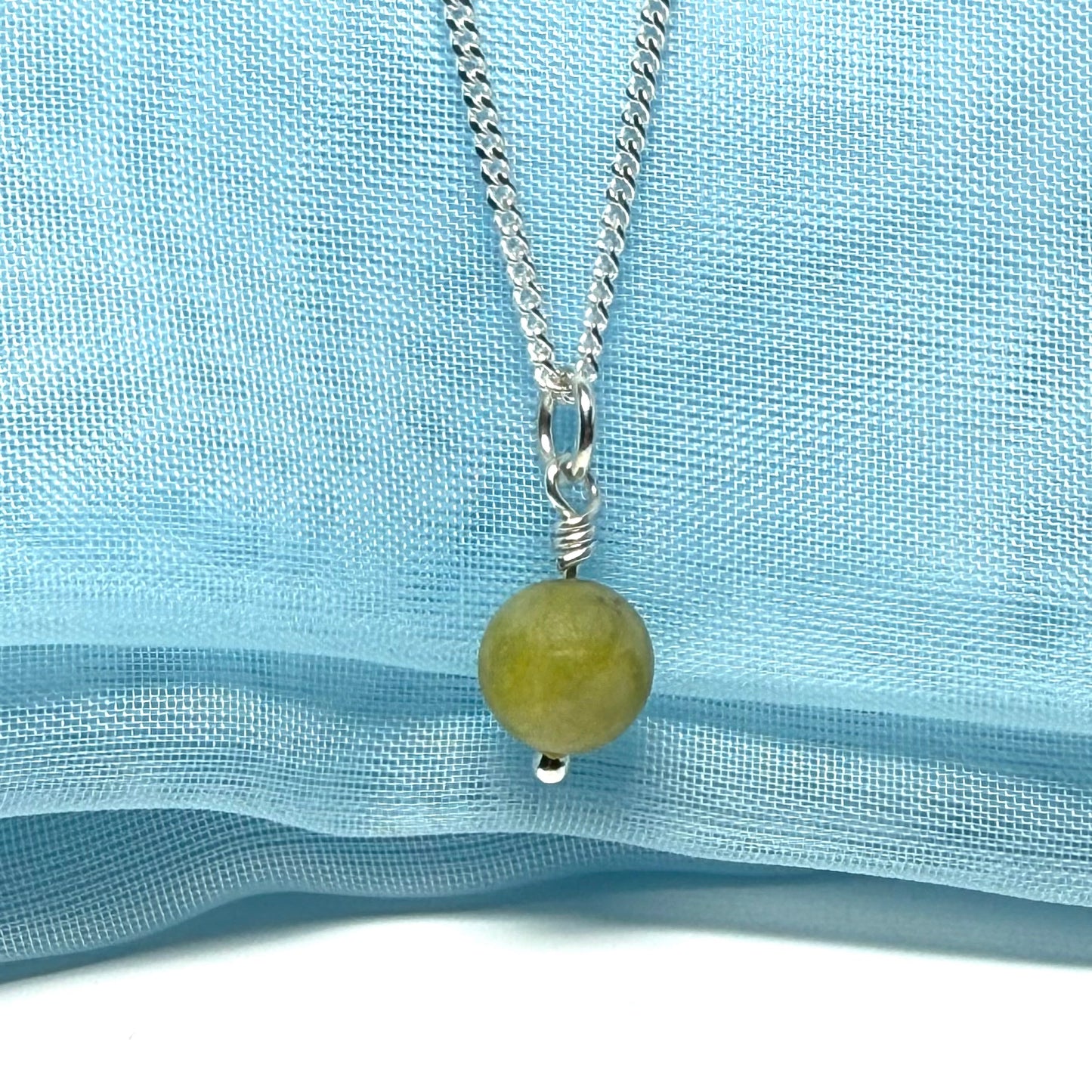 Small round real green gypsum necklace ball shaped pendant with chain 8.5 mm diameter