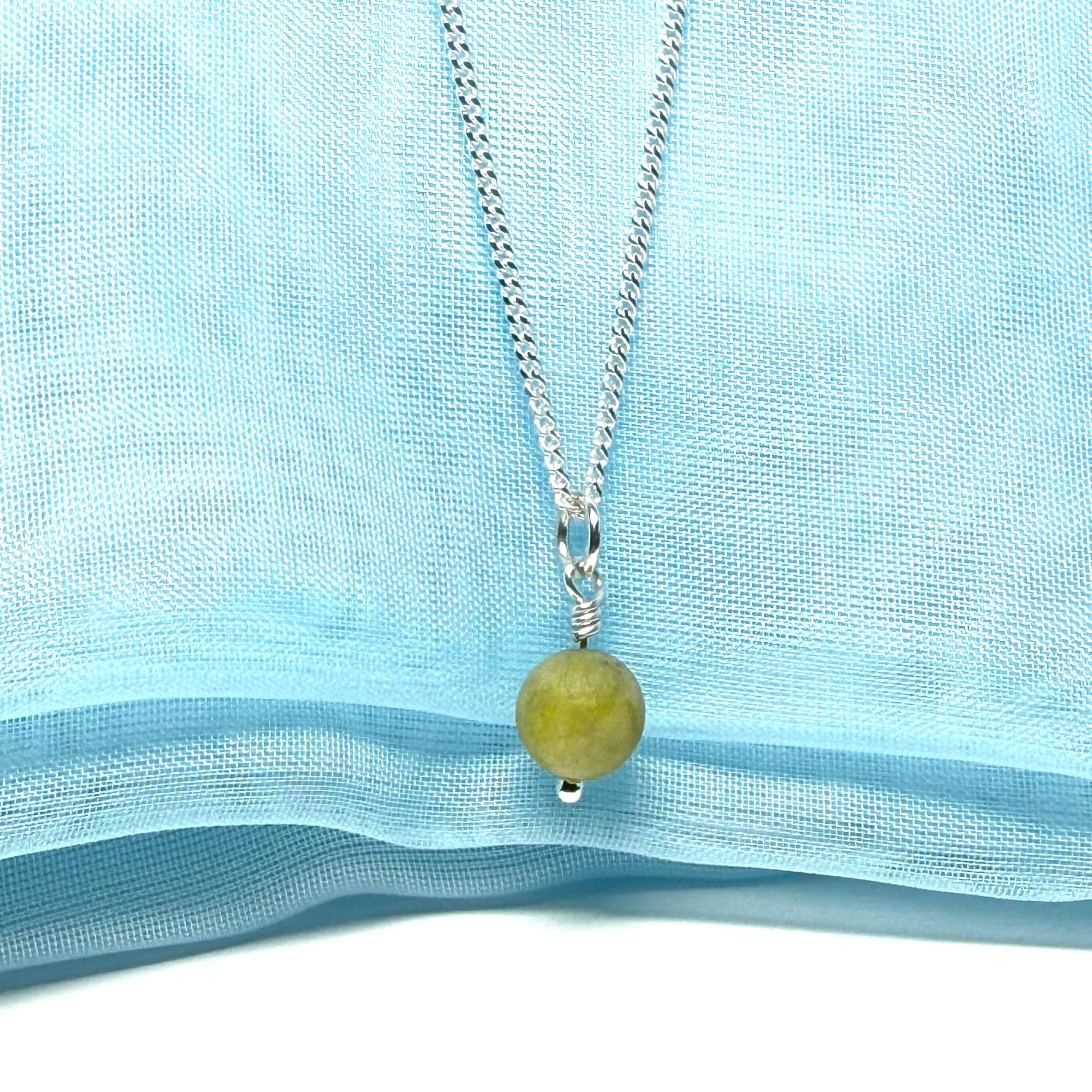 Small round real green gypsum necklace ball shaped pendant with chain 8.5 mm diameter