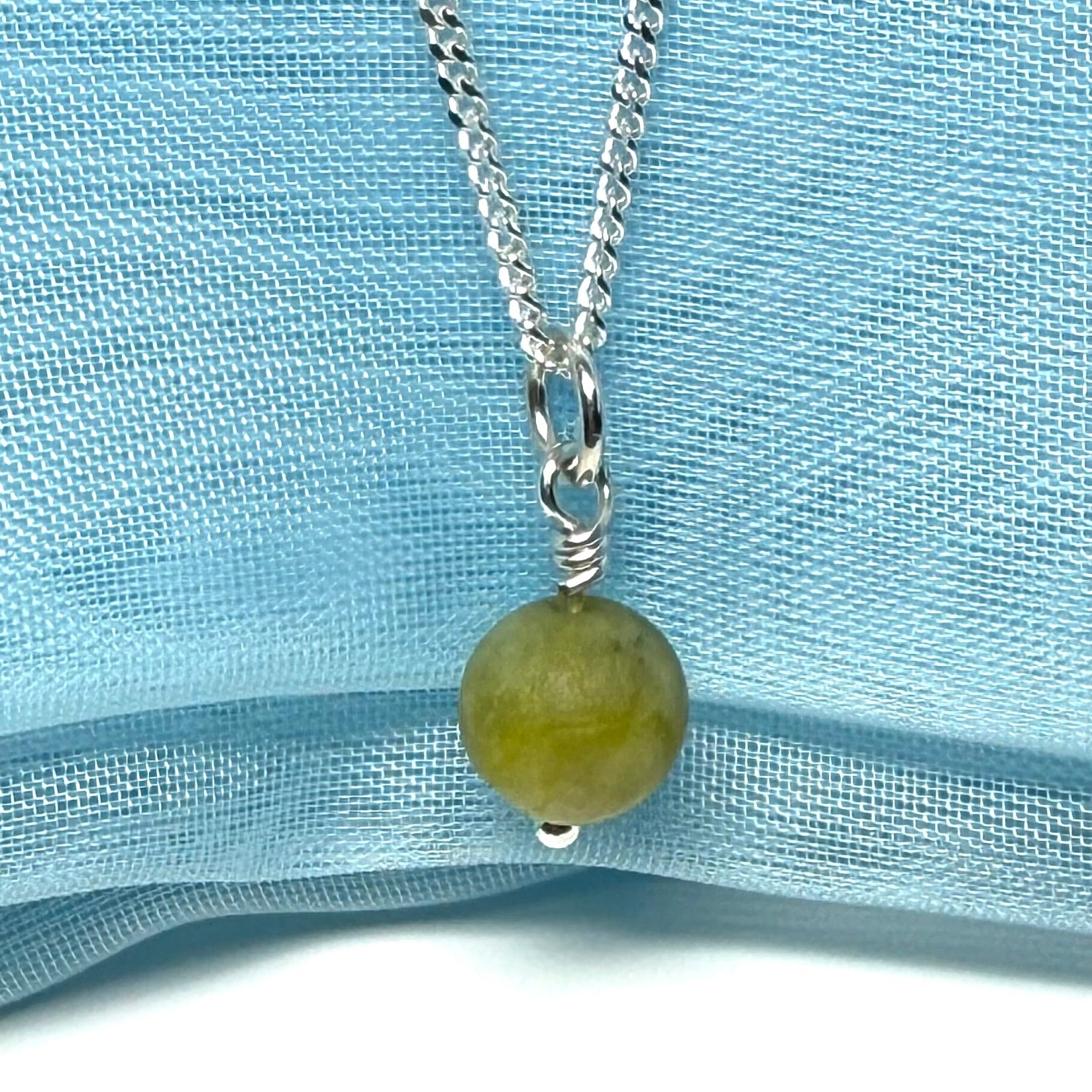 Small round real green gypsum necklace ball shaped pendant with chain 8.5 mm diameter