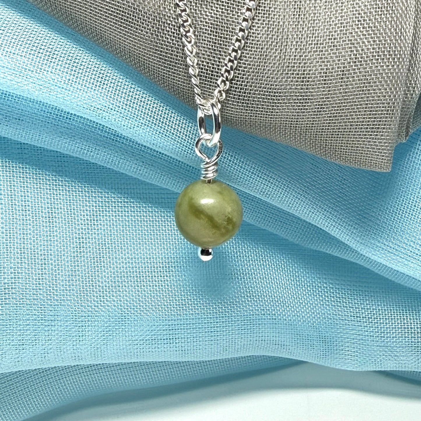 Small round real green gypsum necklace ball shaped pendant with chain 8.5 mm diameter size