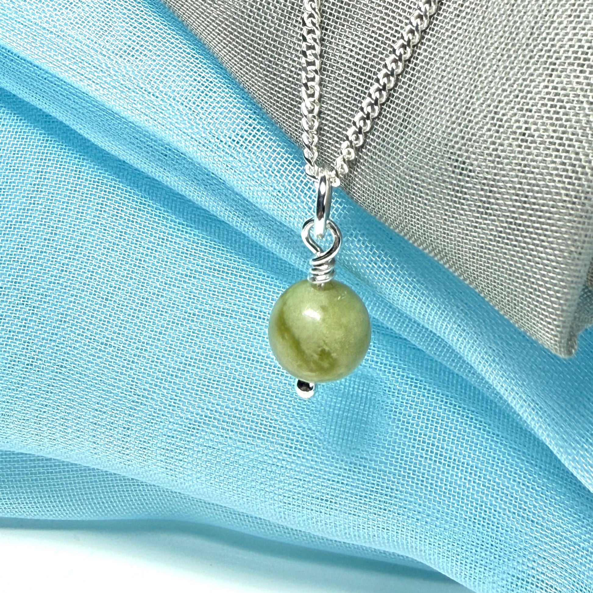 Small round real green gypsum necklace ball shaped pendant with chain 8.5 mm diameter size