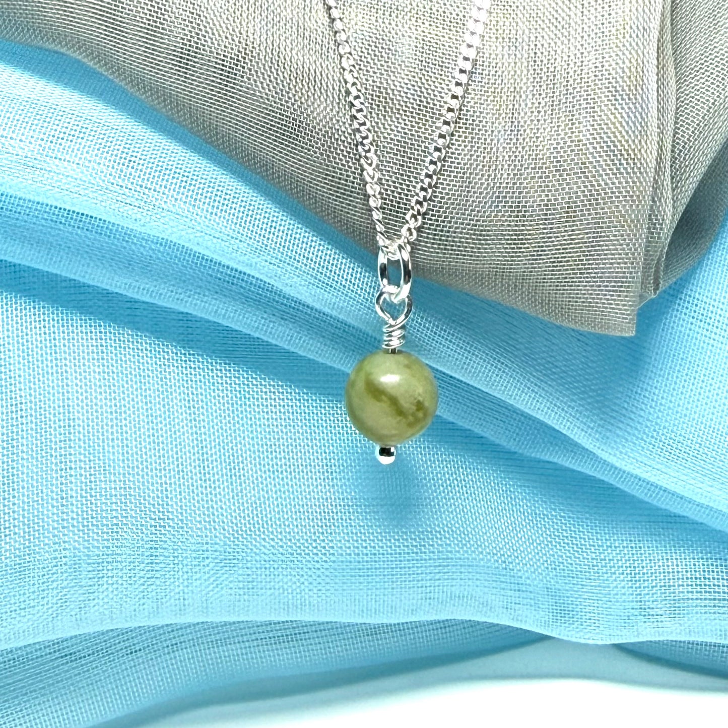Small round real green gypsum necklace ball shaped pendant with chain 8.5 mm diameter size