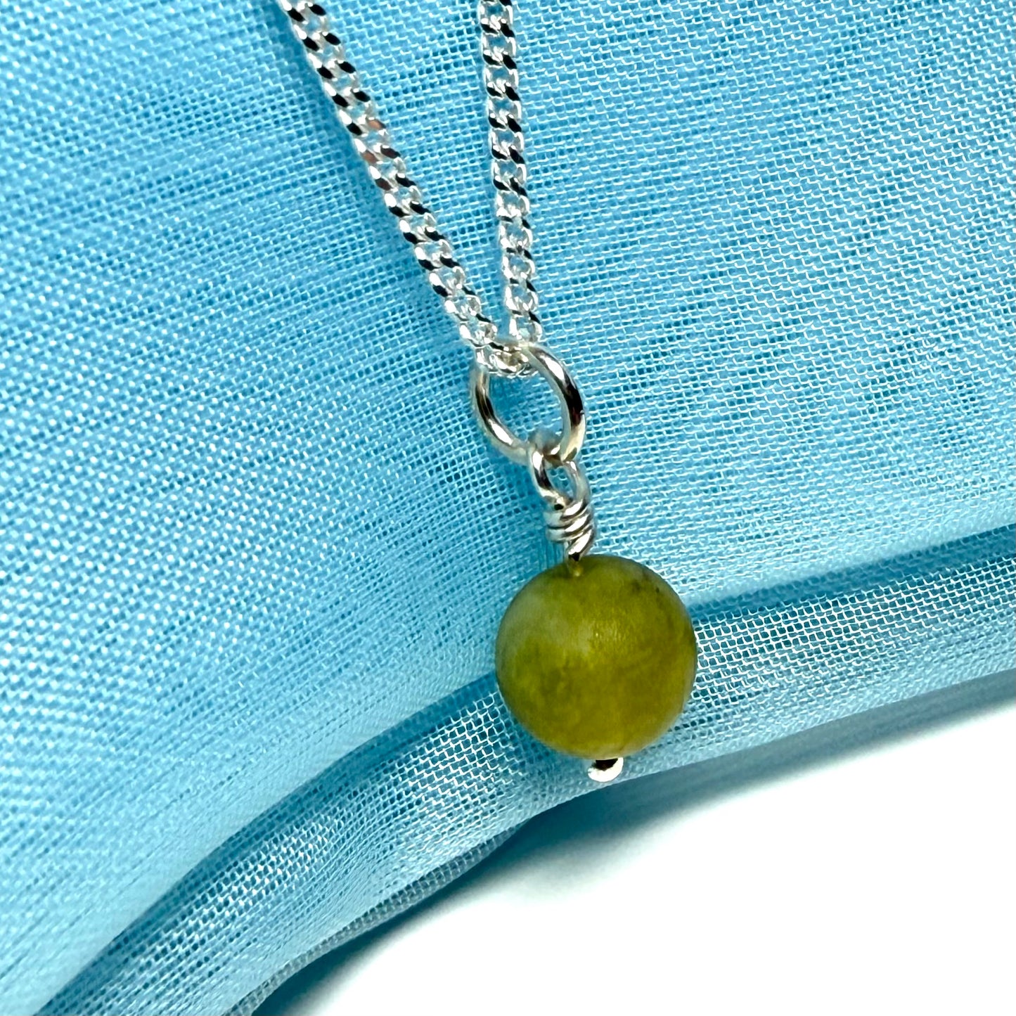 Small round real green gypsum necklace ball shaped pendant with chain 8.5 mm diameter