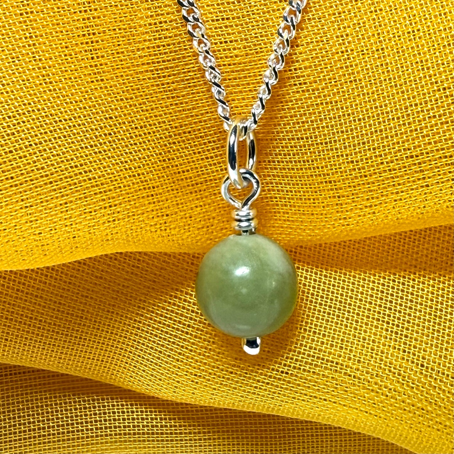 Small round real green jade necklace ball shaped pendant with chain 8.5 mm