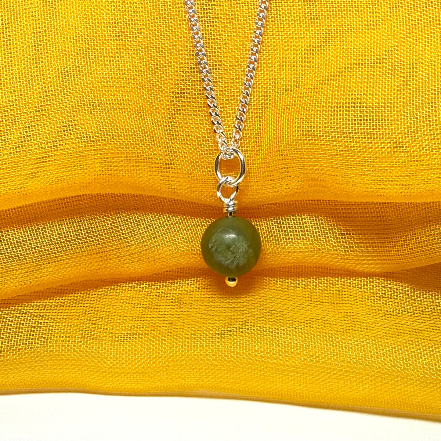 Small round real green gypsum necklace ball shape pendant with chain 8.5 mm diameter