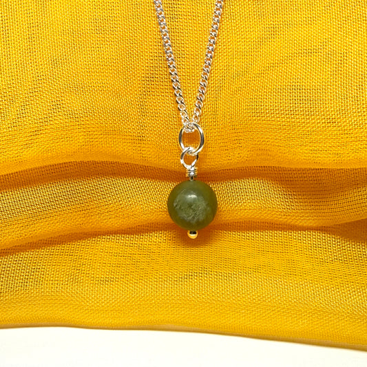 Small round real green gypsum necklace ball shape pendant with chain 8.5 mm diameter