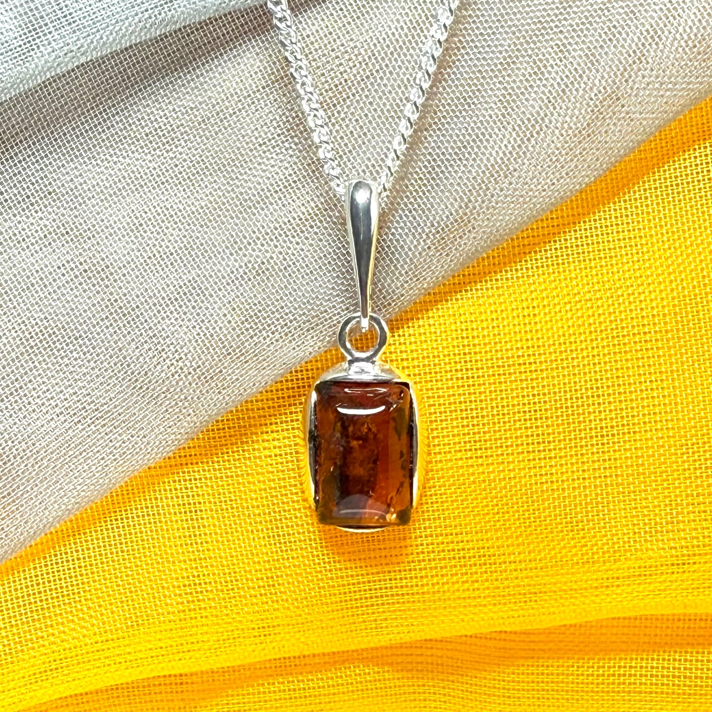 Small square necklace rectangle shaped amber pendant