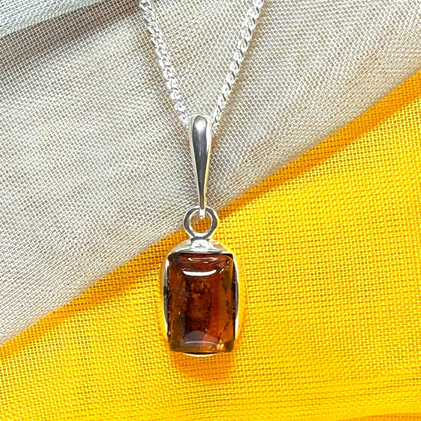 Small square necklace rectangle shaped amber pendant