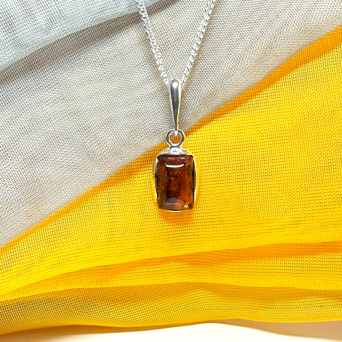 Small square necklace rectangle shaped amber pendant