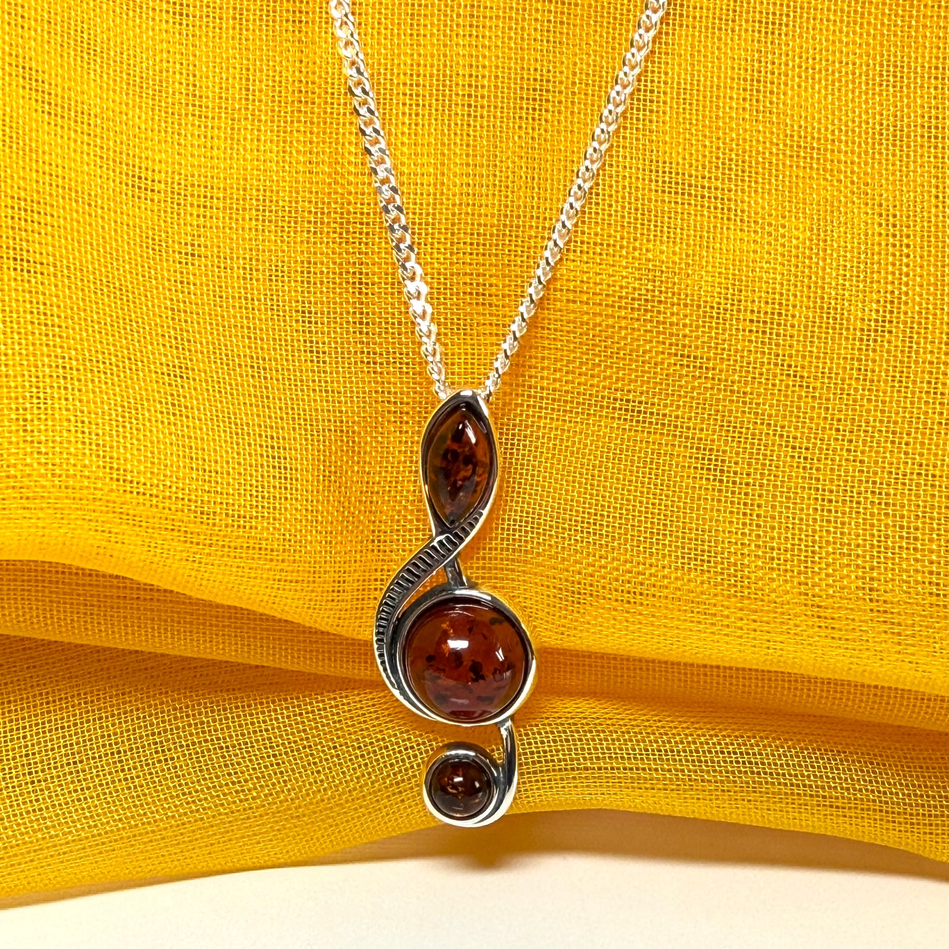 Small treble clef necklace musical orange real amber sterling silver pendant