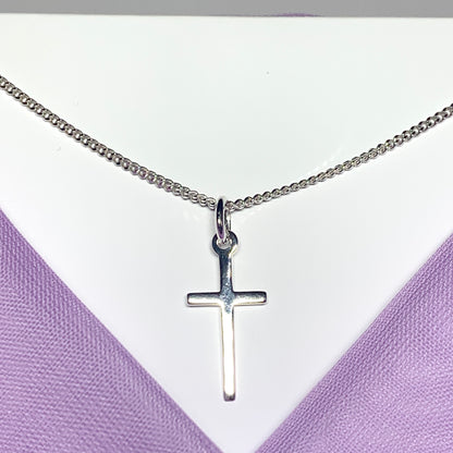 Small cross solid plain polished sterling silver including chain