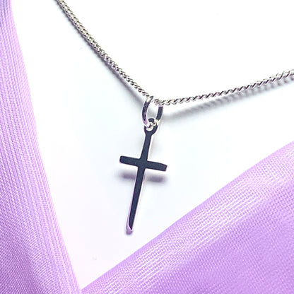 Small cross solid plain polished sterling silver including chain