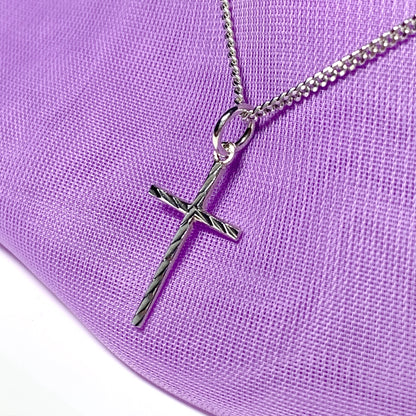 Small solid diamond cut reversible cross patterned sterling silver and chain