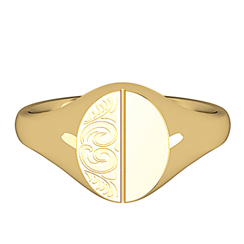 Small oval signet ring solid heavy yellow gold unisex diamond cut half engraved design