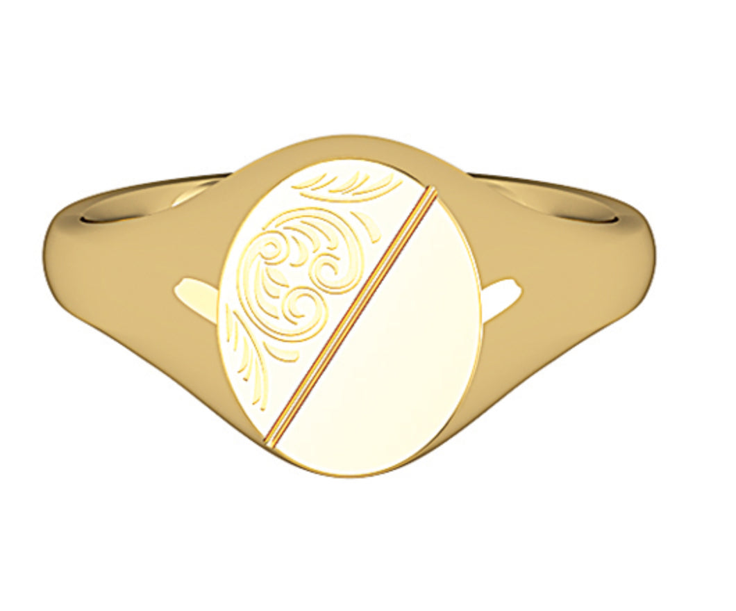 Small oval signet ring solid heavy yellow gold unisex diamond cut half engraved diagonal design