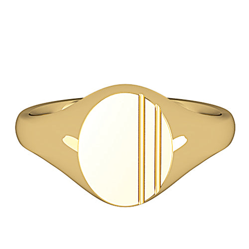 Small oval signet ring solid heavy yellow gold unisex diamond cut lined design