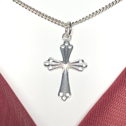 Small solid cross open pierced patterned sterling silver diamond cut with chain