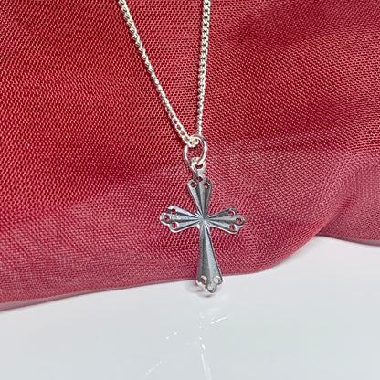 Small solid cross open pierced patterned sterling silver diamond cut with chain