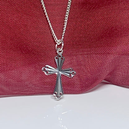 Small solid cross open pierced patterned sterling silver diamond cut with chain