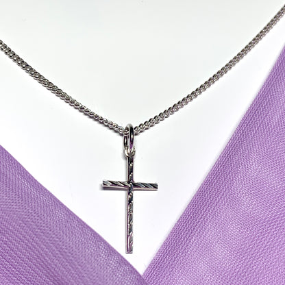 Small solid diamond cut reversible cross patterned sterling silver and chain