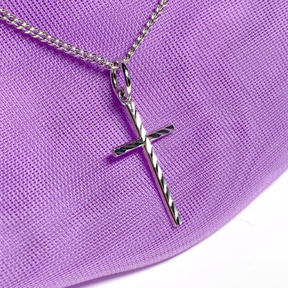 Small solid diamond cut reversible cross patterned sterling silver and chain