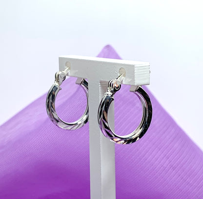 Small sterling silver twisted round hoop diamond cut earrings 14 mm