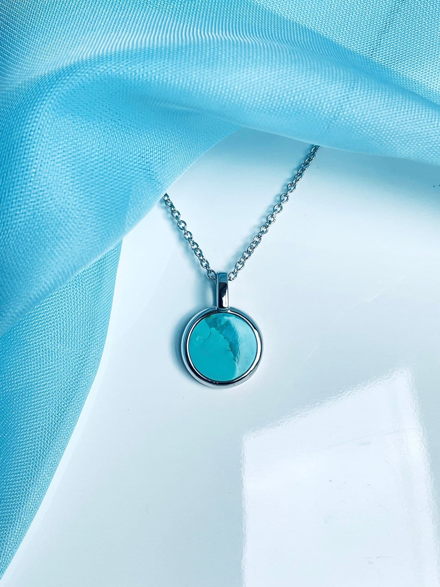 Turquoise blue green round small necklace sterling silver