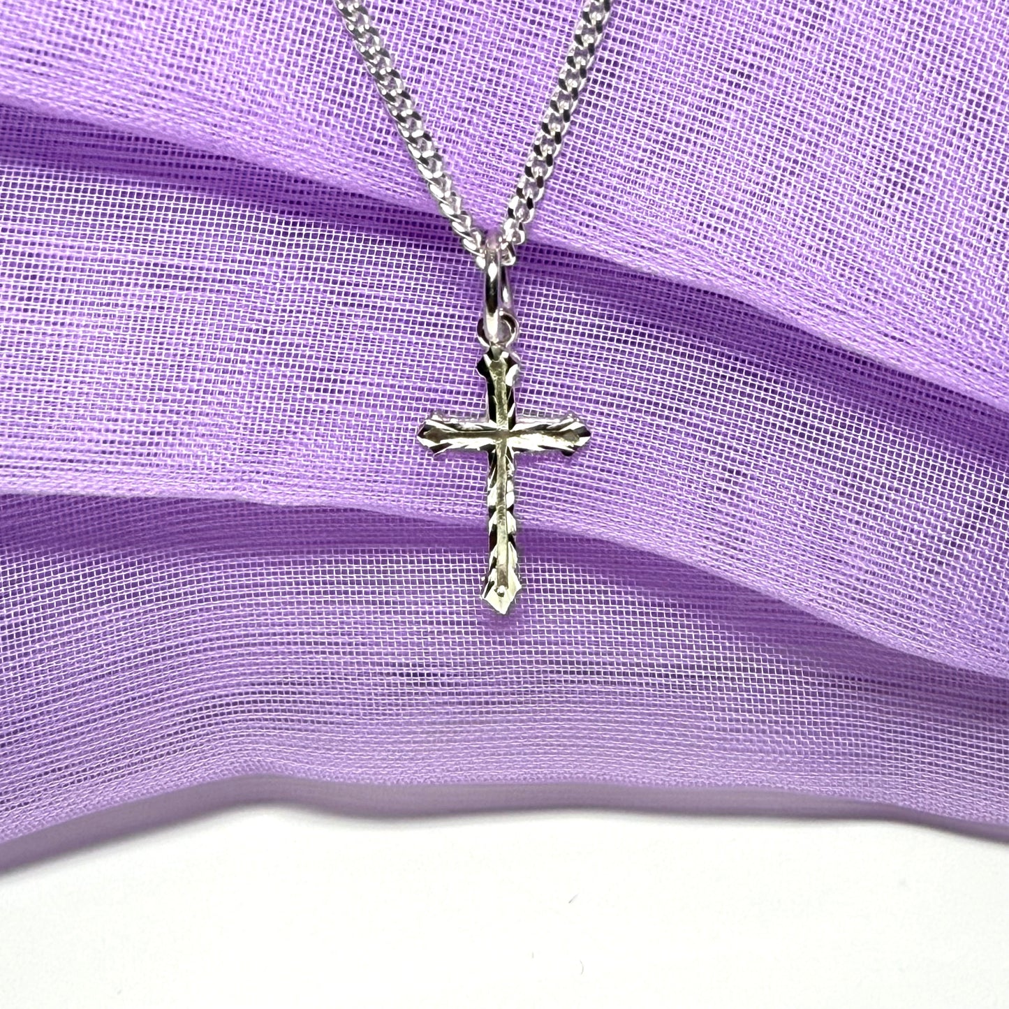 Solid Sterling Silver Cross Diamond Cut Pattern Including Chain