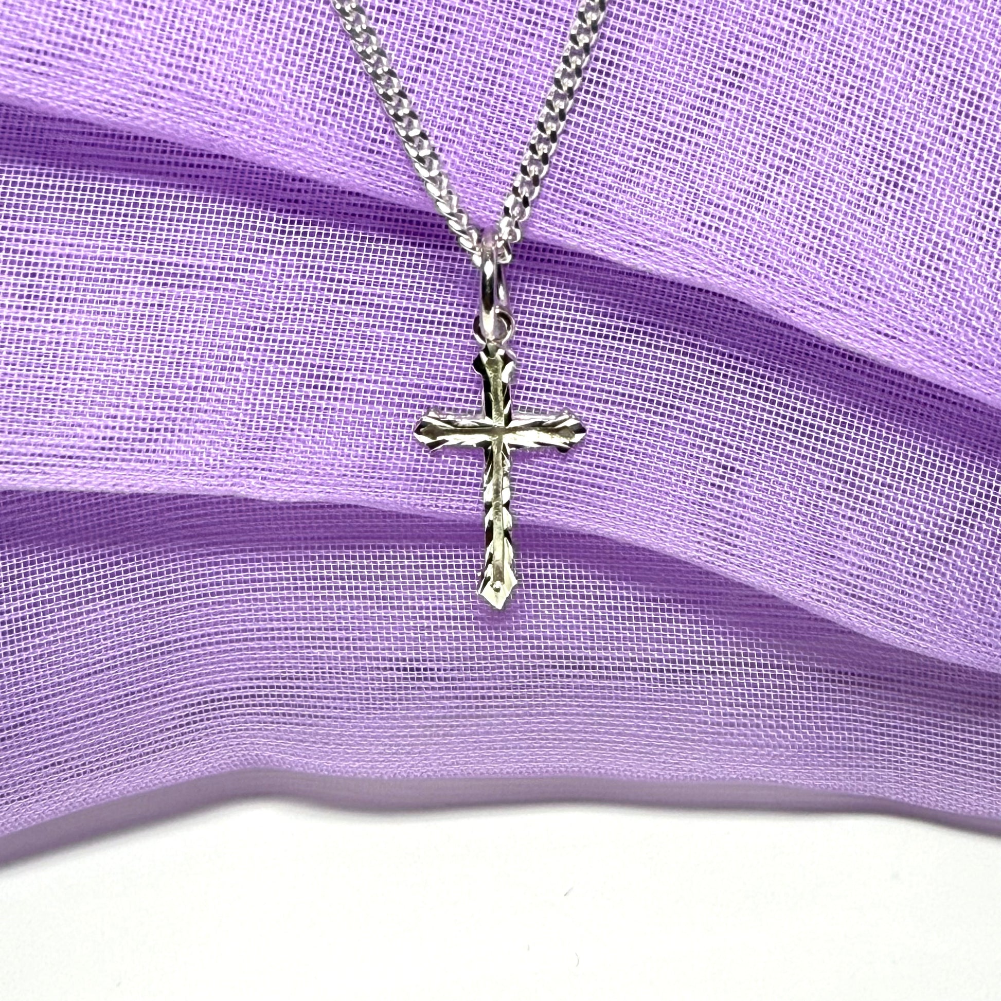 Solid Sterling Silver Cross Diamond Cut Pattern Including Chain