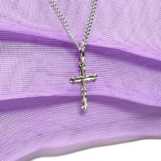 Solid Sterling Silver Cross Diamond Cut Pattern With Chain