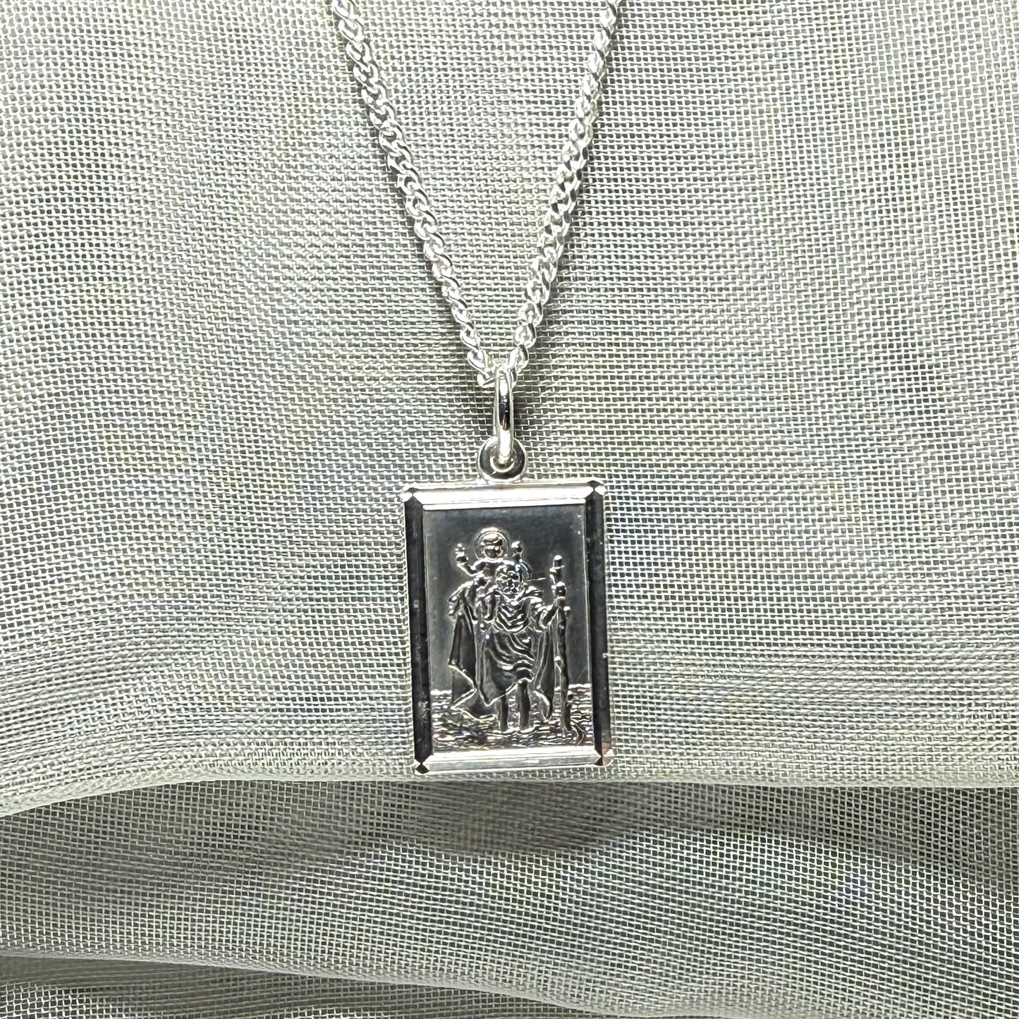 Solid Sterling Silver Rectangular St. Christopher Including Chain