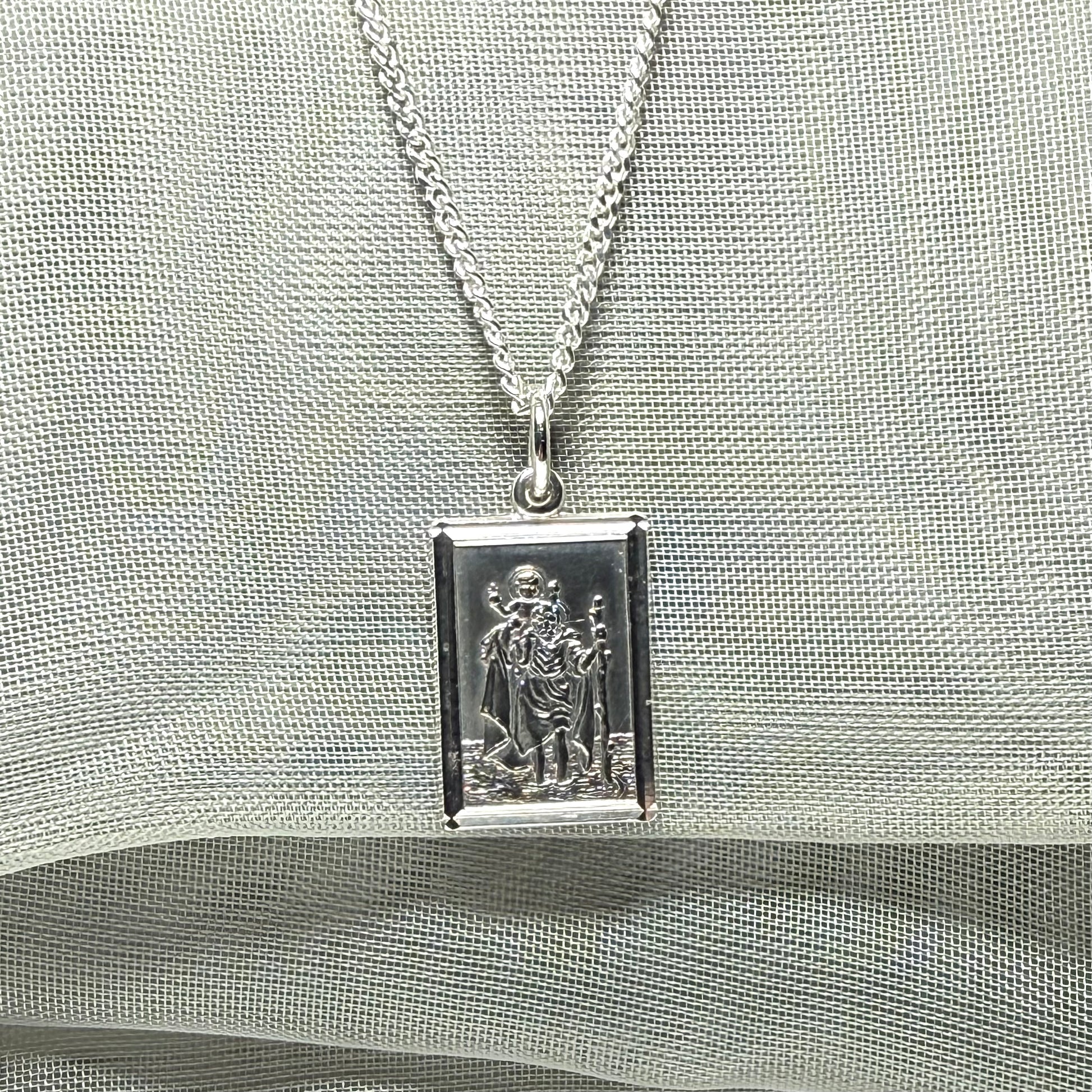 Solid Sterling Silver Rectangular St. Christopher Including Chain