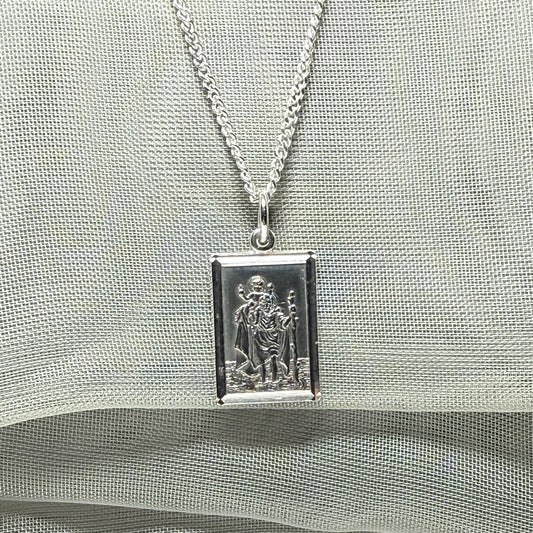 Solid Sterling Silver Rectangular St. Christopher Including Chain