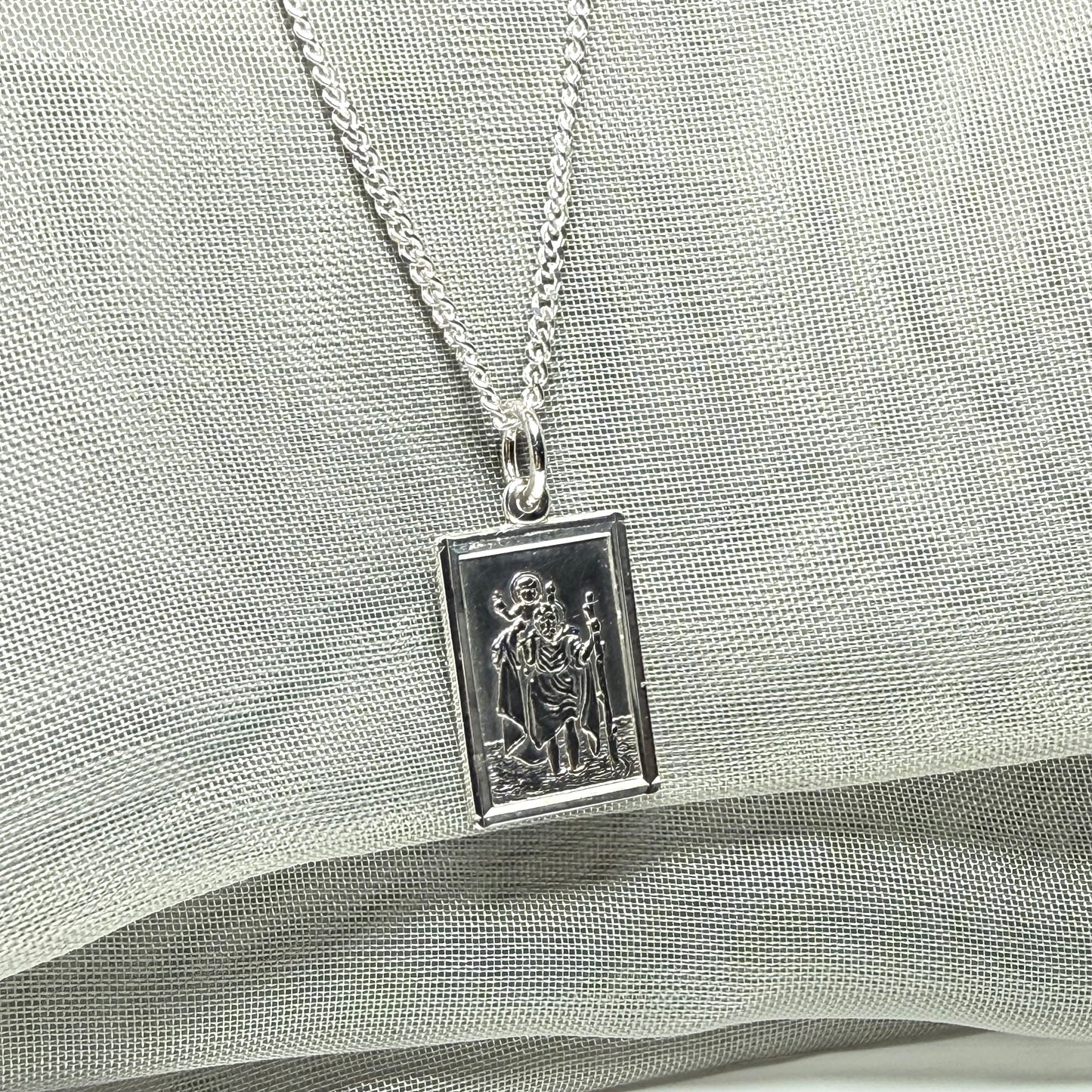 Solid Sterling Silver Rectangular St. Christopher Including Chain