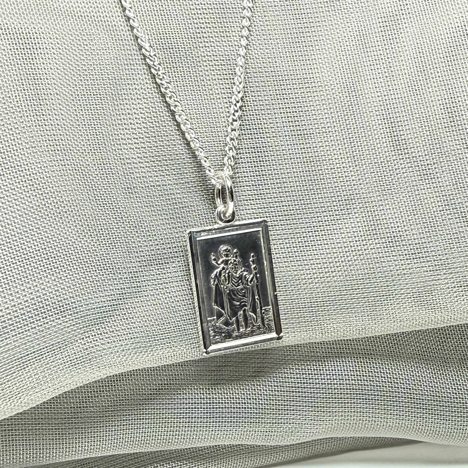 Solid Sterling Silver Rectangular St. Christopher Including Chain