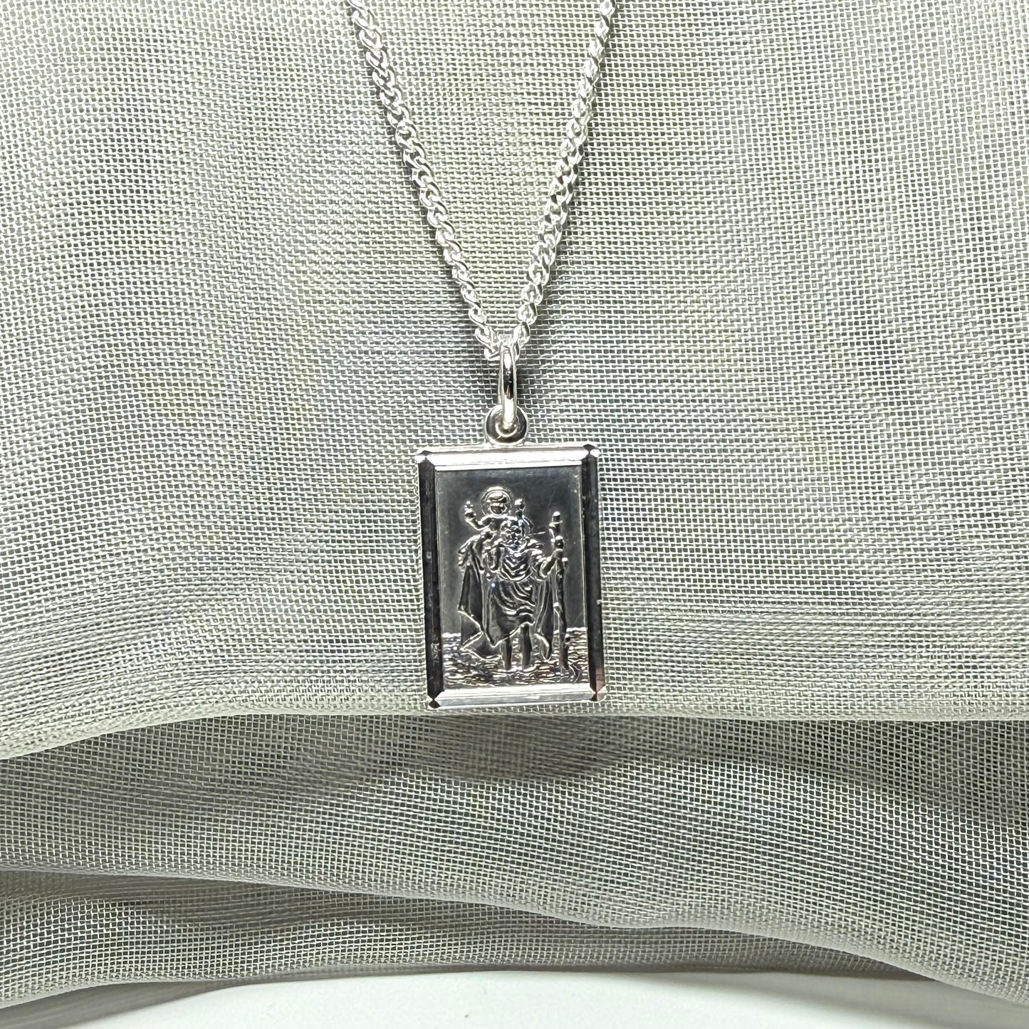 Solid Sterling Silver Rectangular St. Christopher Including Chain