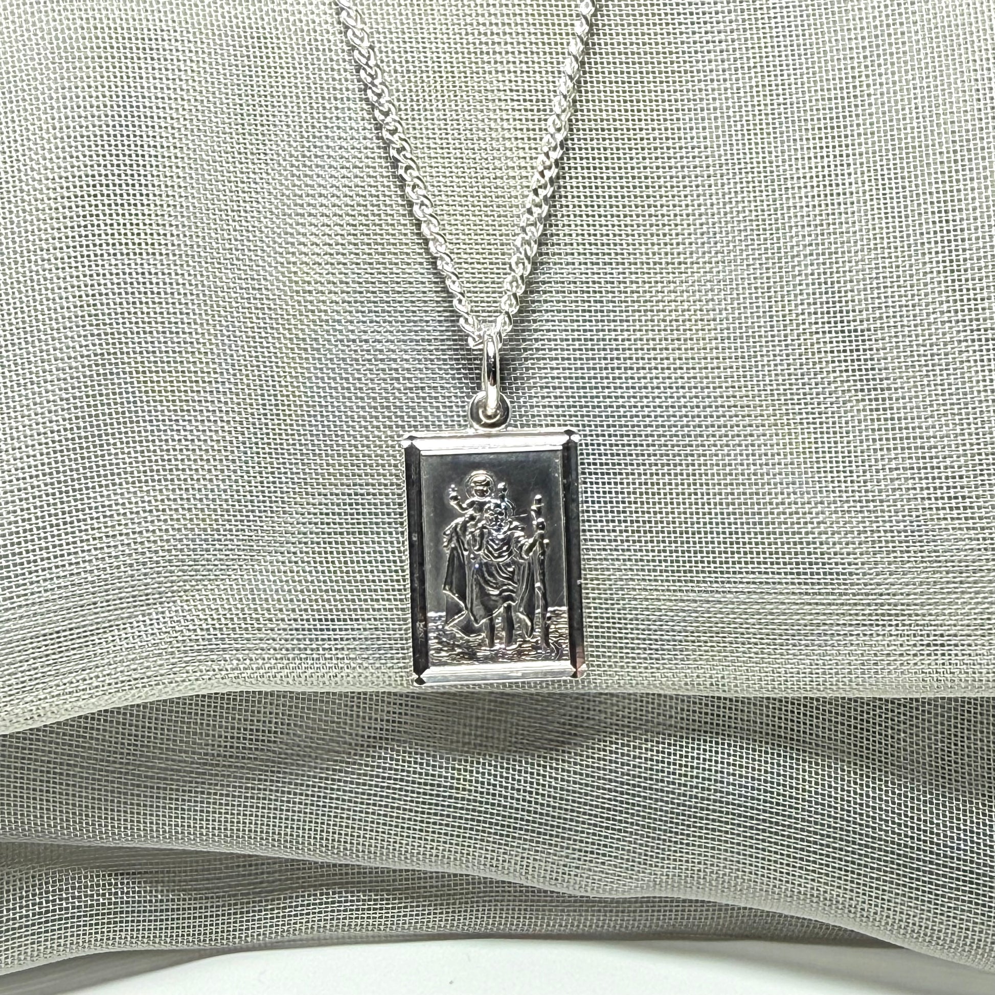 Solid Sterling Silver Rectangular St. Christopher Including Chain