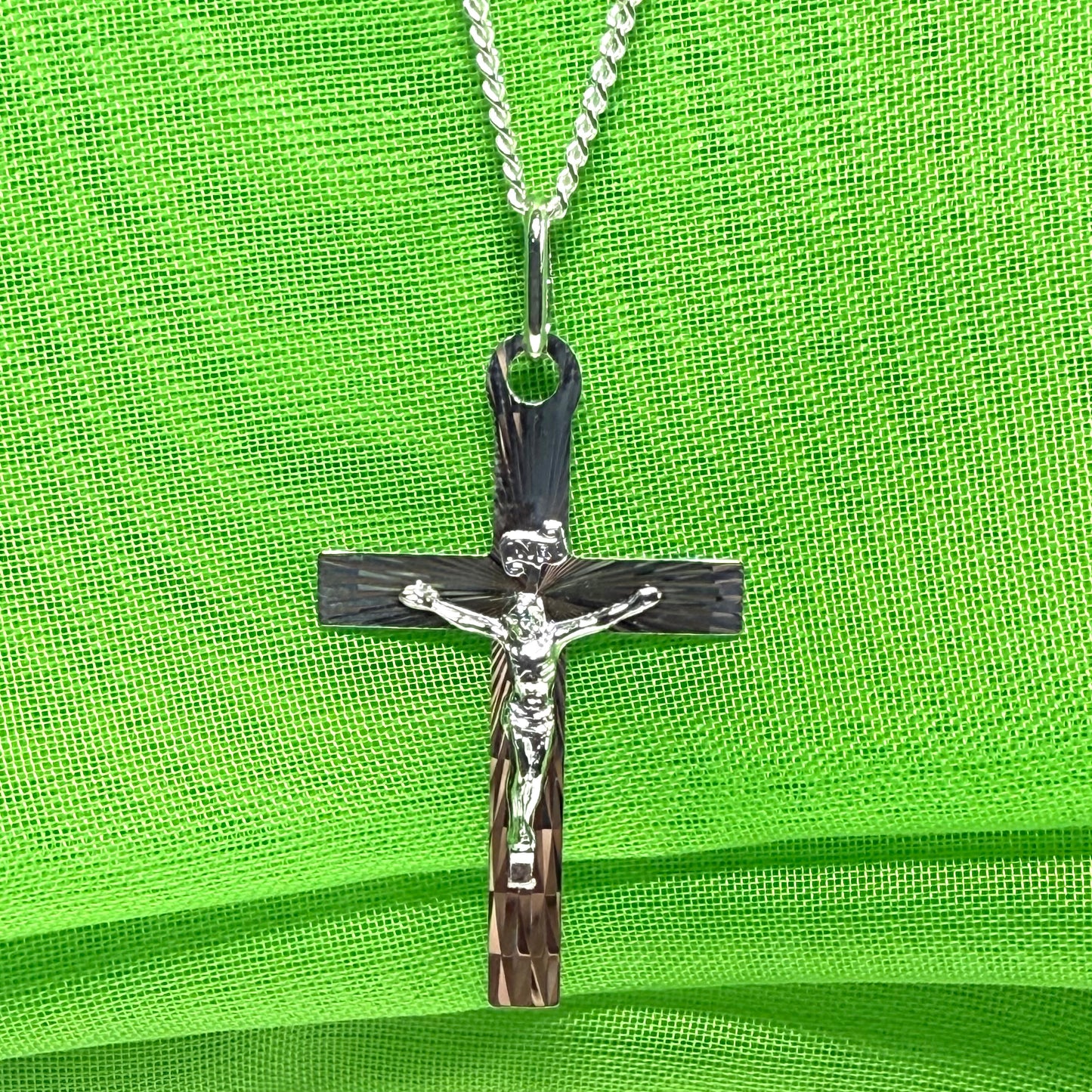 Solid flat diamond cut sterling silver crucifix cross necklace with a chain included