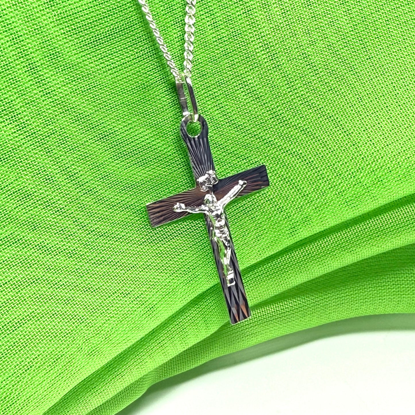 Solid flat diamond cut sterling silver crucifix cross necklace with a chain included