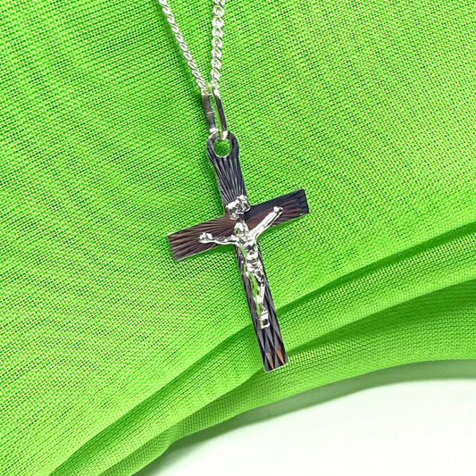 Solid flat diamond cut sterling silver crucifix cross necklace with a chain included