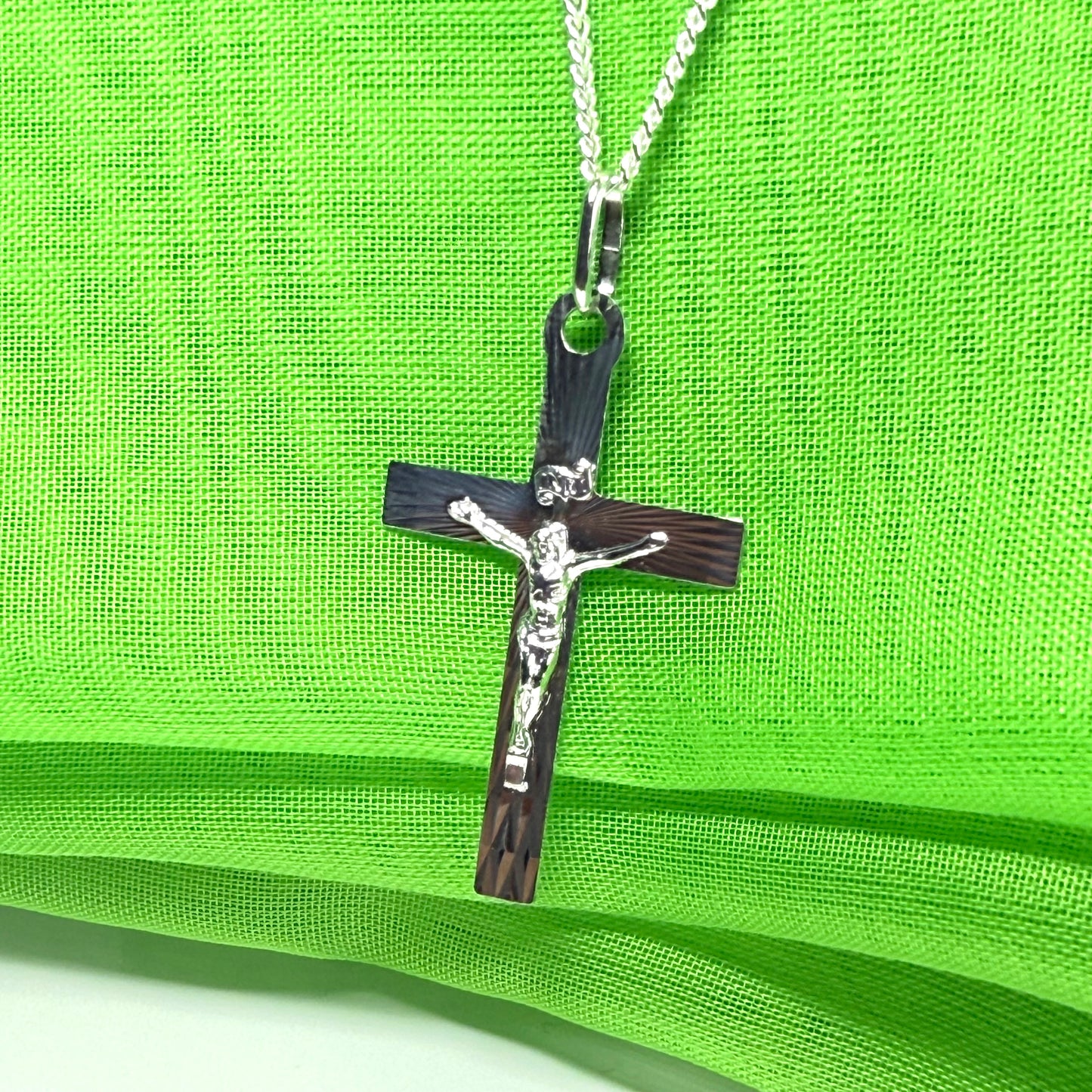 Solid flat diamond cut sterling silver crucifix cross necklace with a chain included