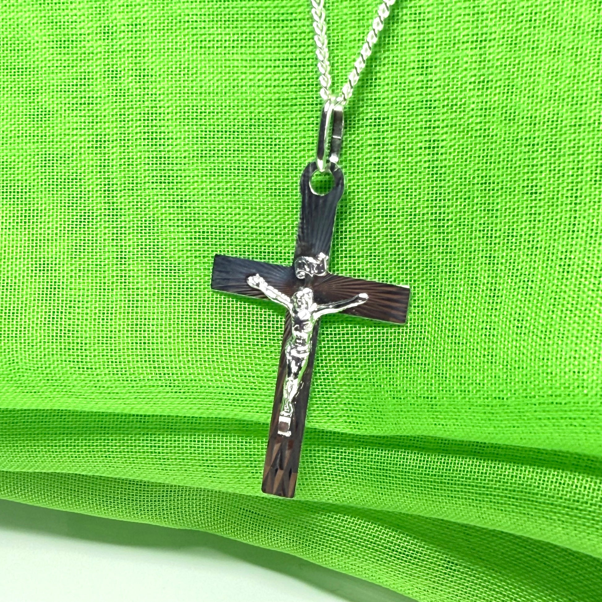 Solid flat diamond cut sterling silver crucifix cross necklace with a chain included