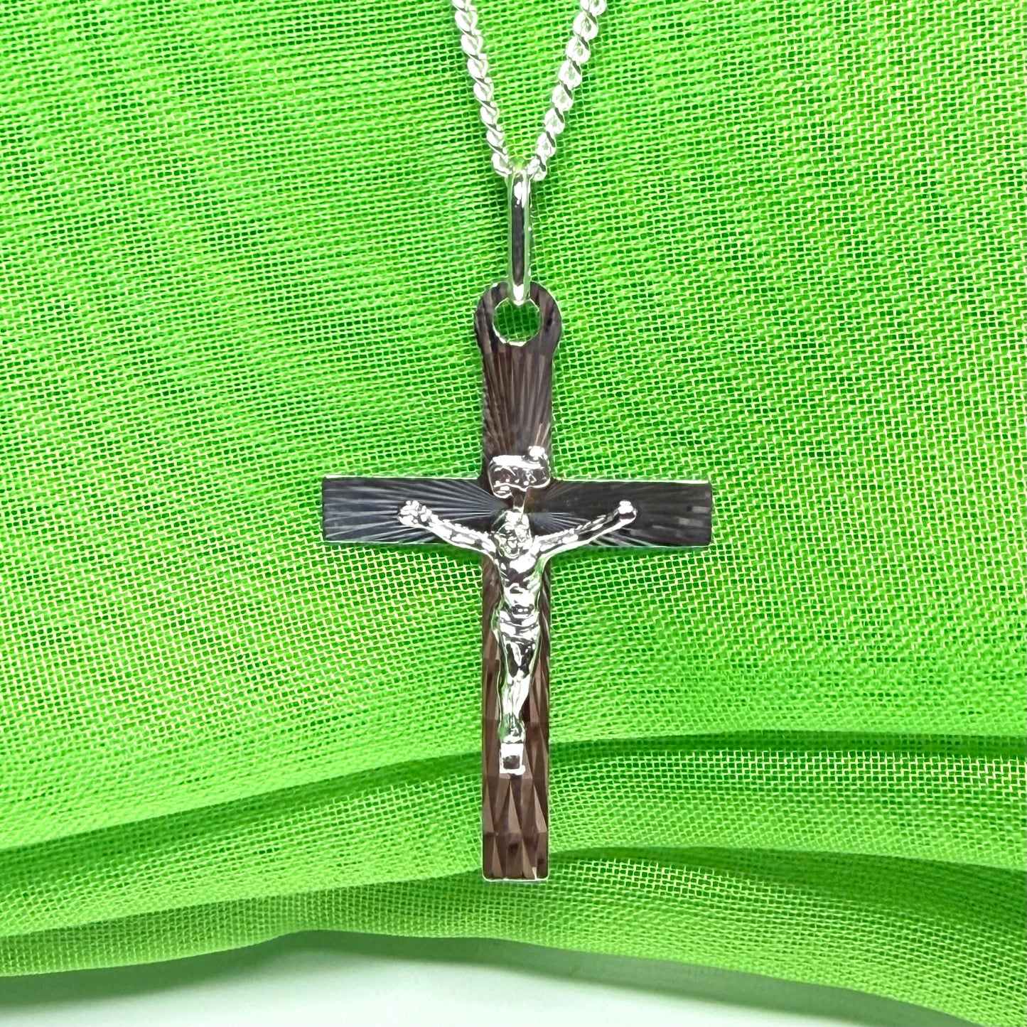 Solid flat diamond cut sterling silver crucifix cross necklace with a chain included