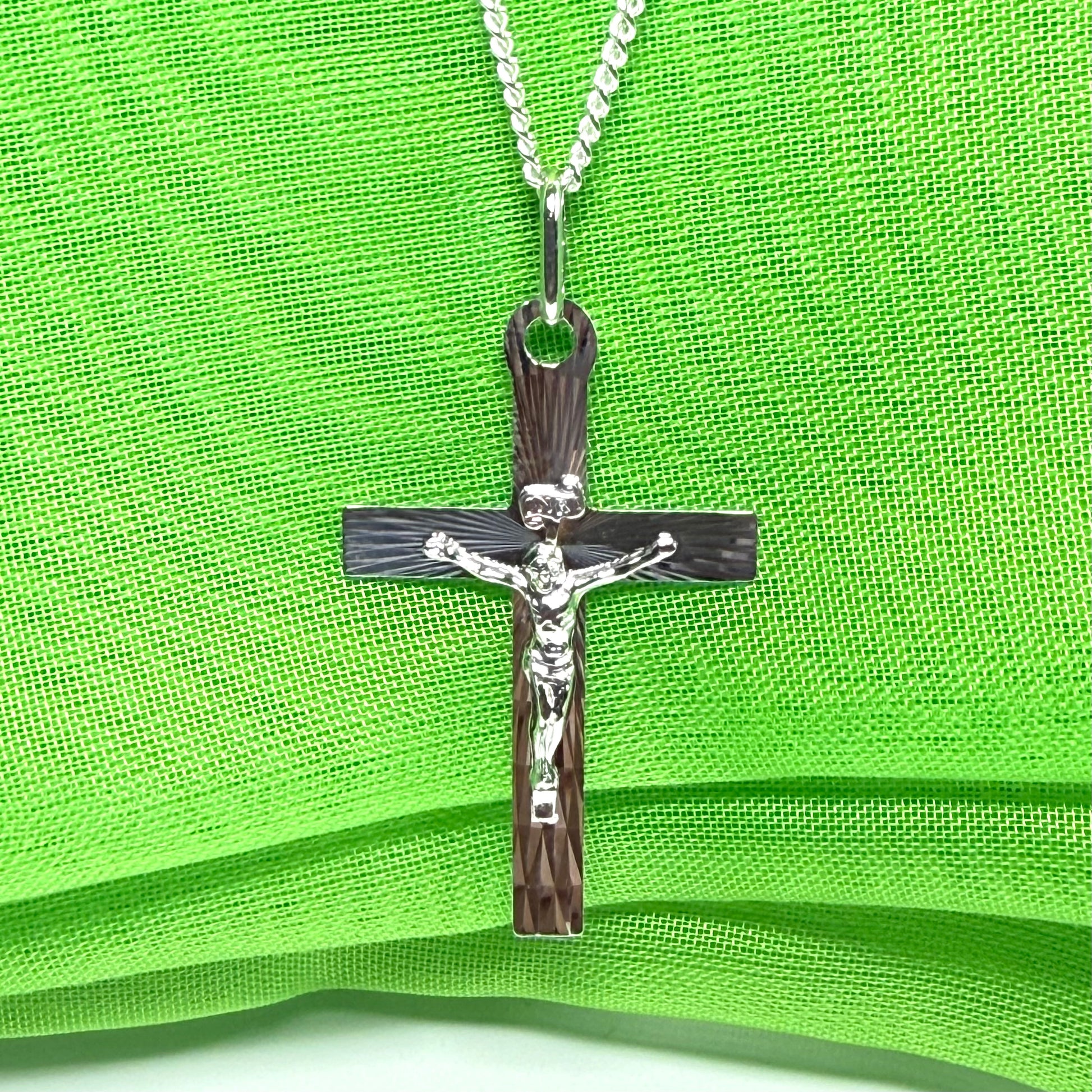 Solid flat diamond cut sterling silver crucifix cross necklace with a chain included
